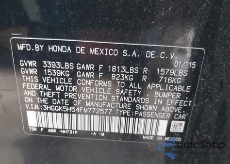 2015 Honda Fit Lx z USA, uszkodzony, nr VIN 3HGGK5H54FM772577